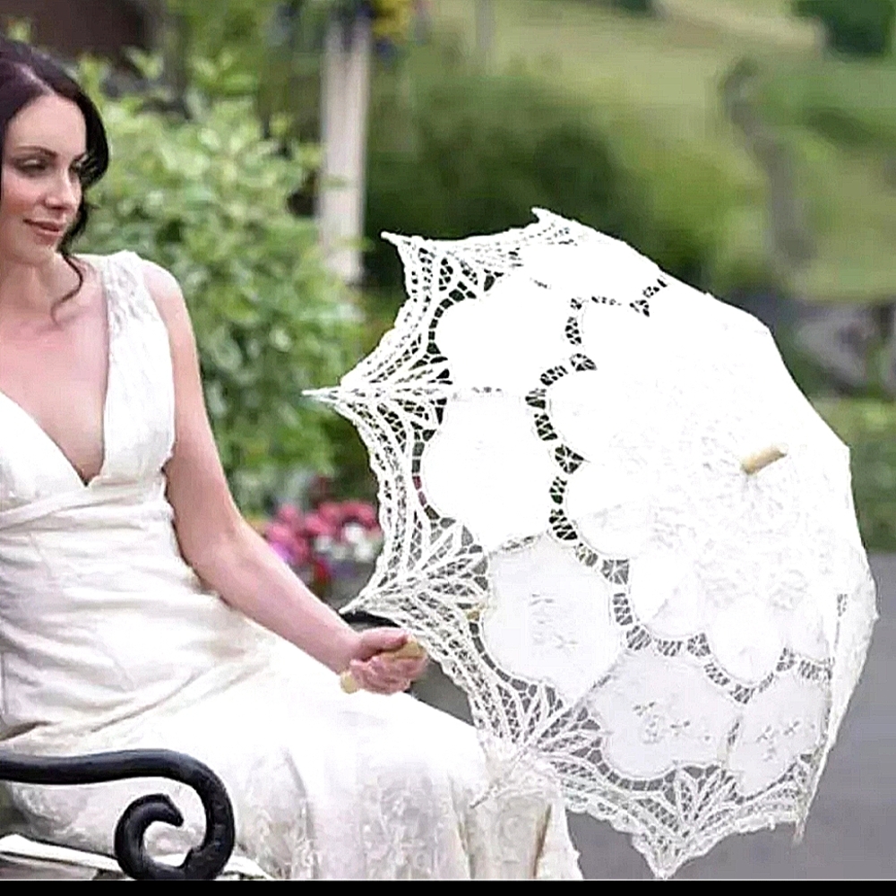 ❤️ Set of Embroidery Victorian Parasol White Umbrella & Fan 32inch …